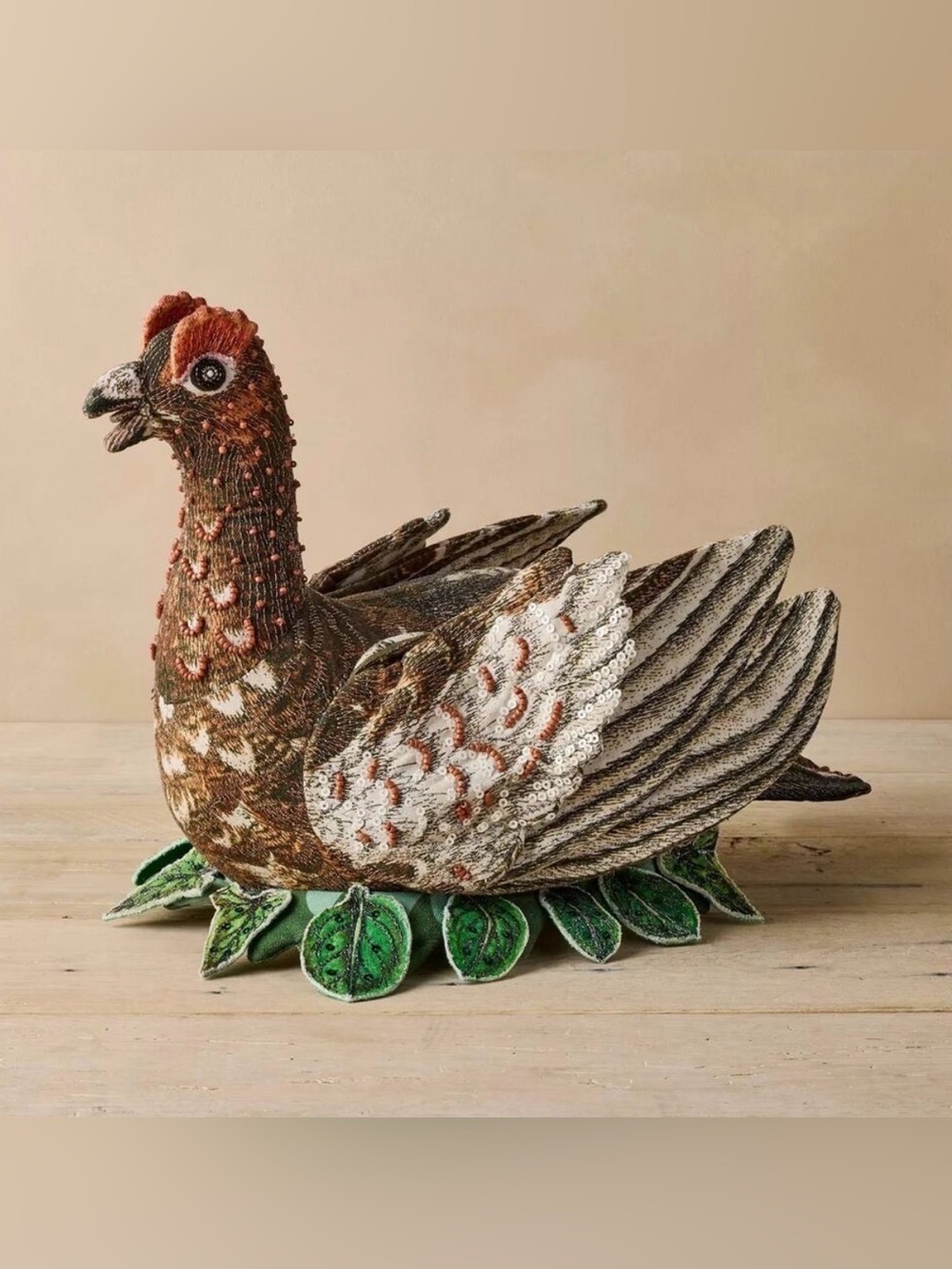 John Derian Fall collection hand-sewn beaded Grouse Pillow.